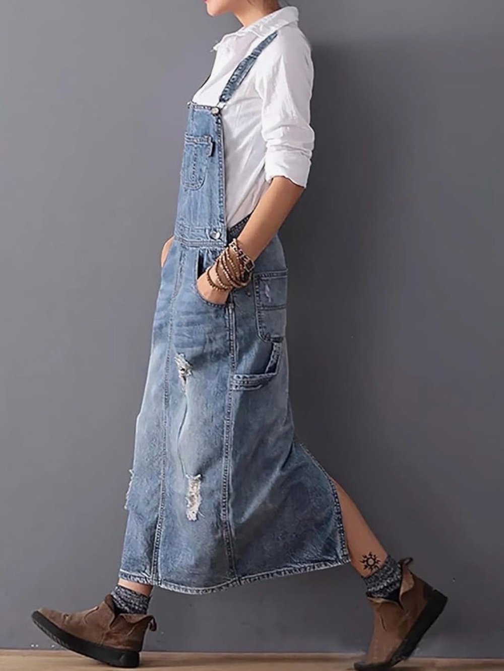 Women’s Distressed Denim Overall Jeans Skirt Dress - Light Blue Blue Wash L - Picture 2 of 5